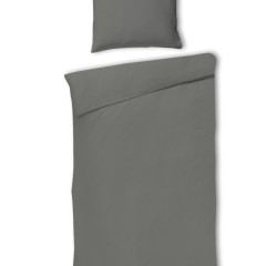 Grijs dekbedovertrek met een bijpassend kussen, perfect voor een comfortabele nachtrust.