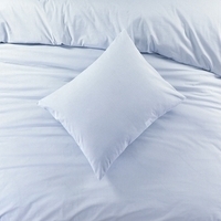 Een comfortabel lichtblauw dekbed met twee kussens, perfect voor een goede nachtrust.