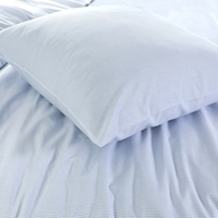 Een eenvoudig lichtblauw bed met een kussen, uitnodigend en comfortabel.