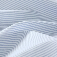 Een close-up van een dun gestreept dekbedovertrek met wit en lichtblauw, waarbij het patroon duidelijk te zien is.