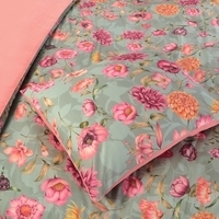 Een dekbedovertrek bedekt met roze en groene bloemen, perfect voor een vrolijke en kleurrijke slaapkamerinrichting.