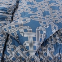 Blauw-wit dekbed en bijpassend kussen met een knooppatroon, dat een gezellige en moderne uitstraling aan de slaapkamer geeft.