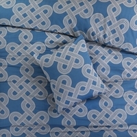 Blauw en wit dekbed met een knoopdesign, dat warmte en stijl toevoegt aan elke slaapkamer.