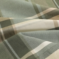 Dichtbijopname van een groen en beige geruit stof met een klassieke plaidpatroon.