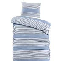 Stijlvol beddengoedset in blauw en wit met strepen, bestaande uit een dekbed en kussens, ideaal voor een frisse uitstraling.