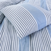 Blauw en wit gestreepte bedsprei met kussens, die samen een stijlvolle en rustgevende slaapkamerlook vormen.