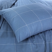 Blauw geruit beddengoed en kussens op een bed, wat zorgt voor een stijlvolle en rustgevende uitstraling in de slaapkamer.