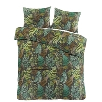 Groene en zwarte beddengoedset met tropische bladeren, die een frisse en levendige sfeer in de slaapkamer creëert.